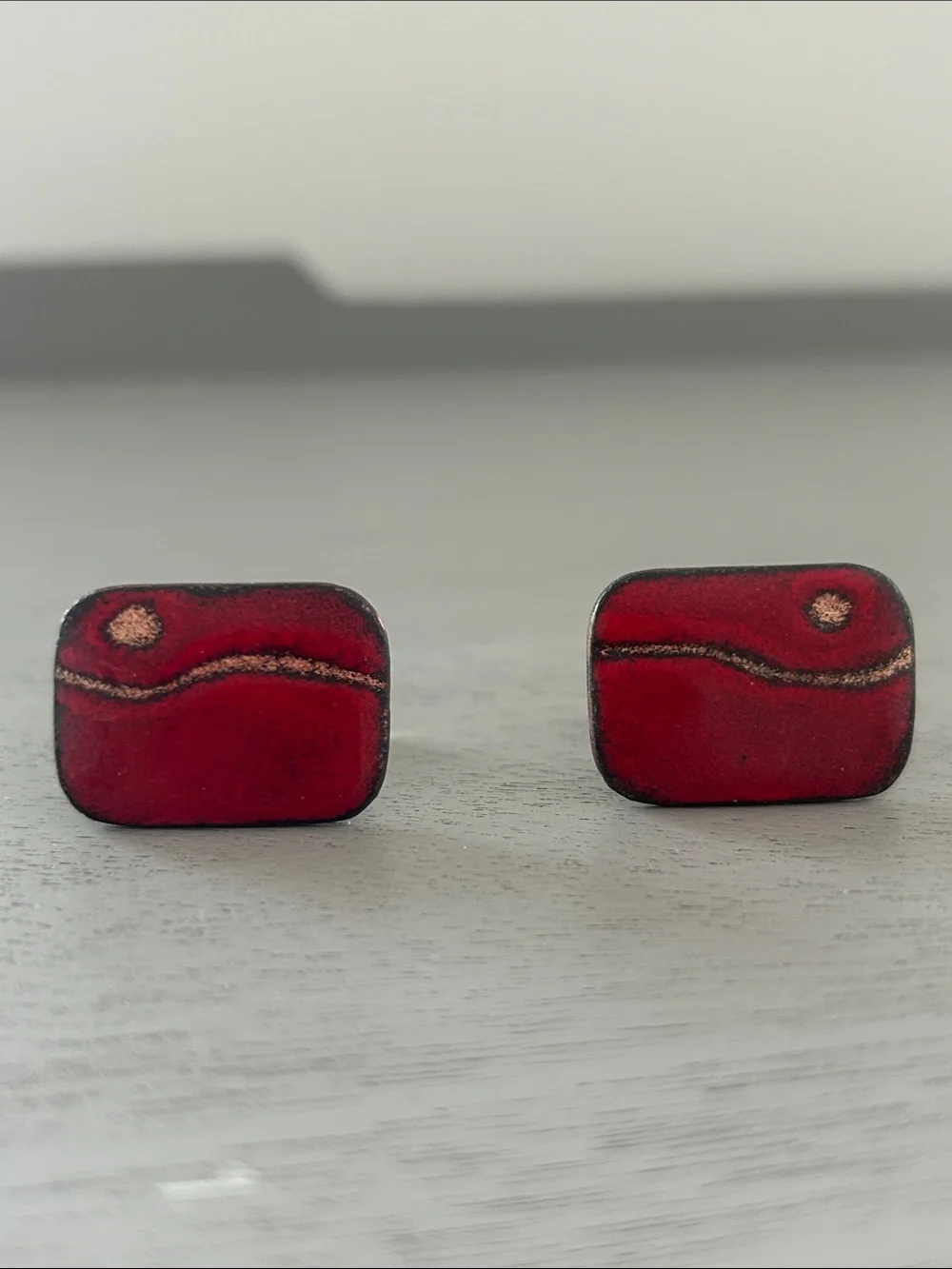 Vintage Mid Century Enamel Red Rectangular Cuff Links, Signed